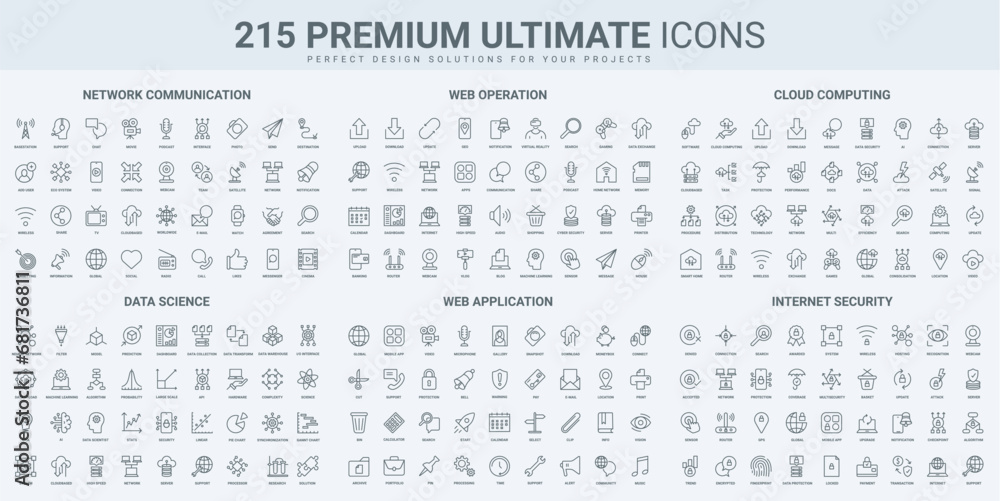 Poster network communication, cybersecurity technology, data science thin black line icons set vector illus