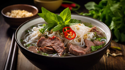 Steamy bowl of traditional Vietnamese Pho with rice noodles, sliced beef, and fresh herbs served in...