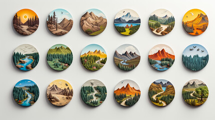 set of round icons with various landscapes