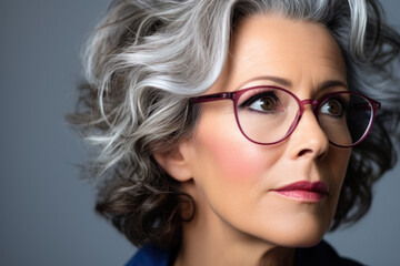 Obraz premium Detailed close-up of woman wearing glasses. This image can be used to illustrate concepts related to vision, eye care, fashion, or professional attire