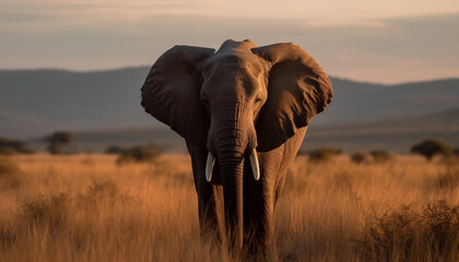 Fototapeta na wymiar African elephant walking at sunset, tusk and trunk in view generated by AI