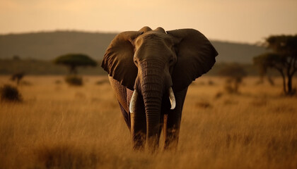 Fototapeta na wymiar African elephant walking in the wilderness, looking at camera generated by AI