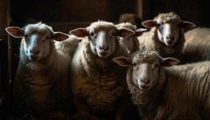 Obraz premium Group of cute livestock grazing on green meadow outdoors generated by AI
