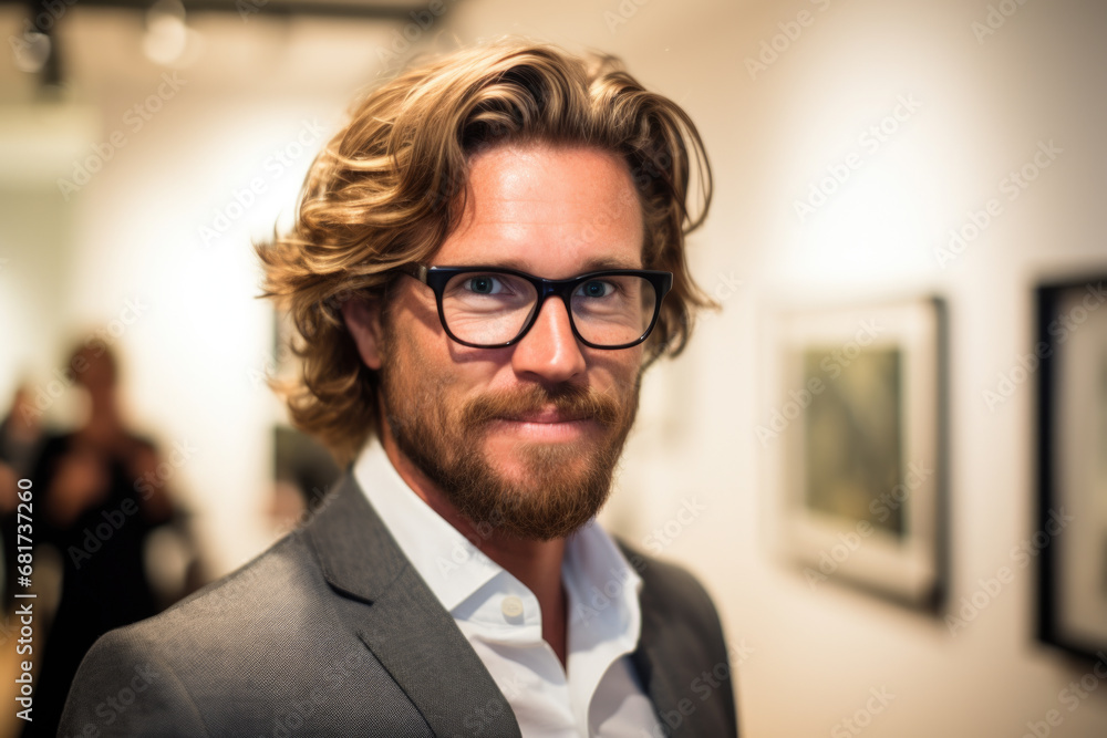 Poster man with beard and glasses standing in room. this picture can be used to represent professional or i