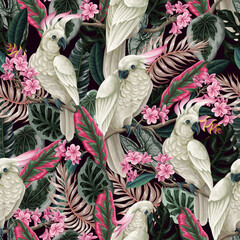Seamless pattern with cockatoo, tropical leaves and flowers. Vector.Seamless pattern with cockatoo, tropical leaves and flowers. Vector.Seamless pattern with cockatoo, tropical leaves and flowers