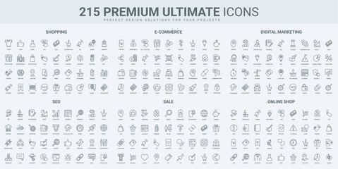 Ecommerce and shopping, sales in retail store, SEO service thin black line icons set vector illustration. Outline symbols of digital marketing strategy and analytics, delivery and support pictograms