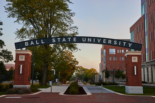 Entrance to Ball State University archway sign leading into campus and higher learning