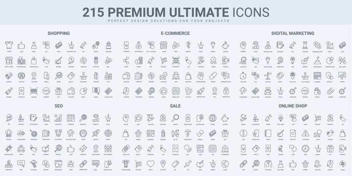 Ecommerce and shopping, sales in retail store, SEO service thin black line icons set vector illustration. Outline symbols of digital marketing strategy and analytics, delivery and support pictograms