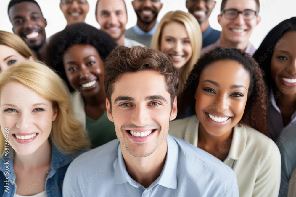 Poster group of smiling individuals gathers together to pose for picture. this versatile image can be used 