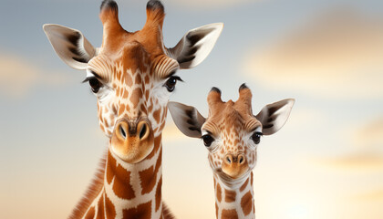 Cute giraffe and zebra standing in African savannah at sunset generated by AI