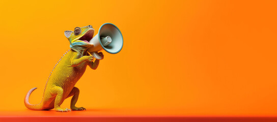 a happy chameleon holding a yellow megaphone speaking in it  with yellow solid background, genertive ai. - obrazy, fototapety, plakaty