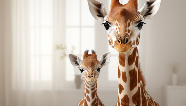 Cute giraffe toy looking at camera, spotted zebra family generated by AI