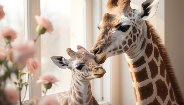 Cute giraffe family kissing, enjoying the beauty of nature generated by AI