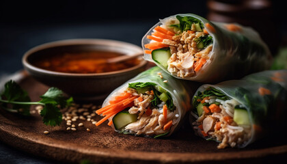 Fresh gourmet salad with rolled up spring roll and savory sauce generated by AI
