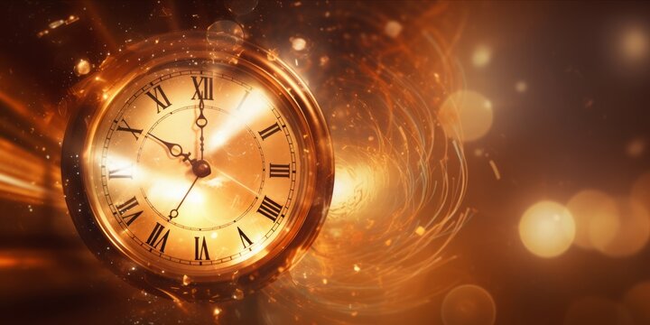New Years Eve Clock Gleams Amidst Golden Fireworks, Marking a Moment of Dazzling Festivity and Cheers