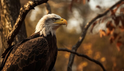 Obraz premium Majestic bald eagle perching on branch, symbol of freedom generated by AI