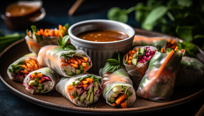 Fresh spring roll with meat and vegetables, served with sauce generated by AI