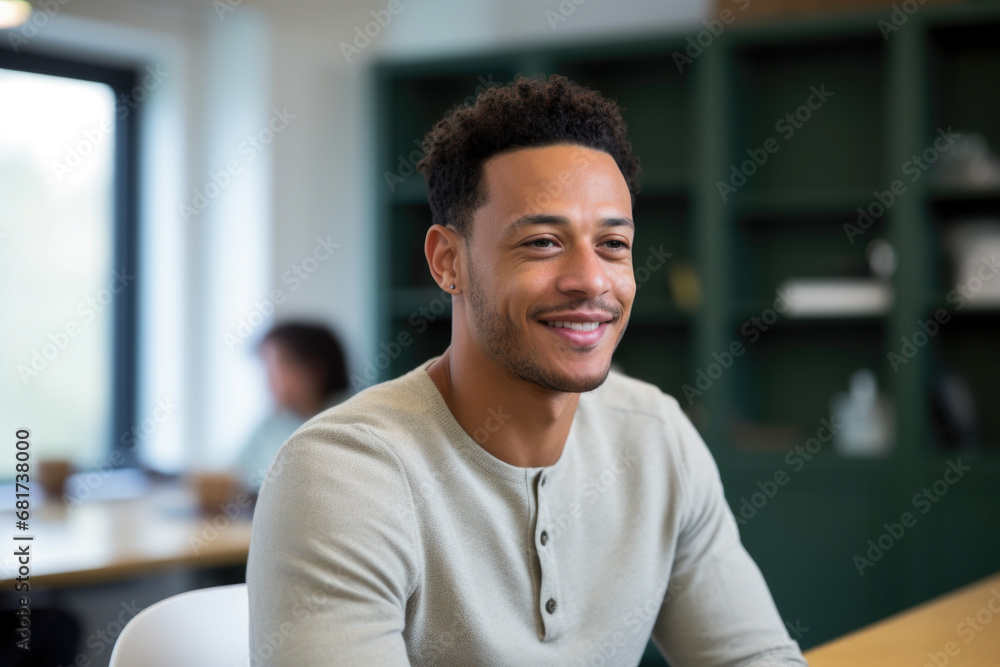 Aufkleber man sitting at table with laptop in front of him. suitable for business, technology, or remote work 