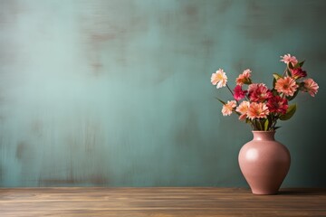 Fototapeta na wymiar Flowers in vase on table with copy space