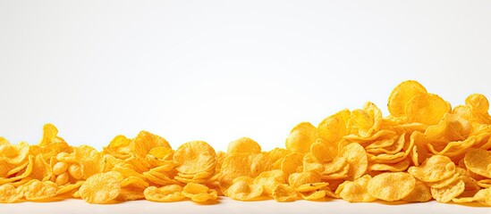 isolated background, a heap of white, yellow and crisp corn flakes sit in a pile, their crimp edges making them appear even more crispy and inviting as a delightful breakfast food object. - obrazy, fototapety, plakaty