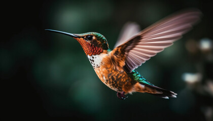 Fototapeta premium Rufous hummingbird spreads wings, hovering mid air, pollinating vibrant flowers generated by AI