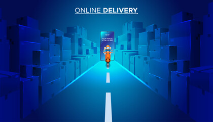 online delivery. "Your package is on its way" mobile notification. Motorcycle courier, waiting parcels. vector art, illustration, blue background