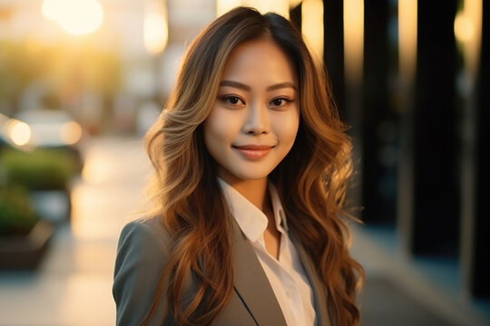 Professional woman wearing business suit standing on sidewalk. This image can be used to portray confident and successful businesswoman in corporate setting