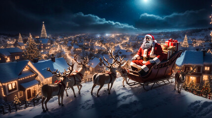 Santa Claus with the traditional sleigh pulled by reindeer parked on a snowy hill - obrazy, fototapety, plakaty