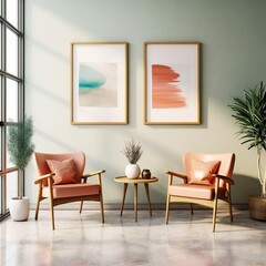 Two chairs near accent coffee table against pastel wall with frame poster. Mid-century style home interior design of modern living room, Generative AI