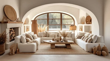 Fotobehang Boho home interior design of modern living room in mediterranean farmhouse, panorama, Generative AI © Eduardo