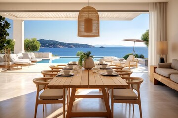 Mediterranean interior design of modern dining room in seaside villa with stunning sea view, Generative AI
