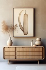 Wooden dresser with round corners and art poster on beige stucco wall. Scandinavian home interior design of modern living room, Generative AI