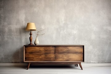 Retro wooden dresser against concrete wall. Vintage home interior design of modern living room,...