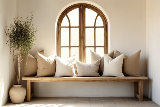 Boho farmhouse home interior design of modern living room. Wooden rustic bench with pillows against arched window near beige stucco wall with copy space, Generative AI
