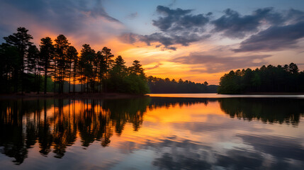 Fototapeta na wymiar Beautiful Sunset Scene on the River with Clear Blue Sky Clouds