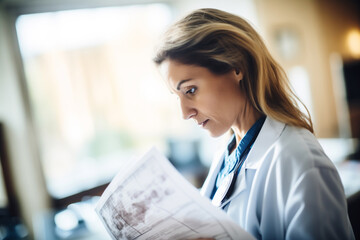 A focused female healthcare professional examines important medical documents, a depiction of dedication in a clinical environment.