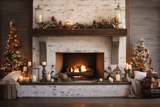 Christmas decorated fireplace mantel, christmas tree and christmas lights, modern farmhouse style