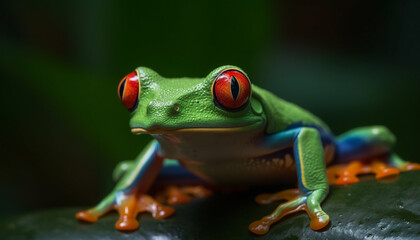 Fototapeta premium Red eyed tree frog sitting on leaf, looking with curiosity generated by AI