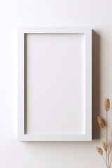 Mock up of close up white photo frame with boarder, on plain white wall, natural brigth light