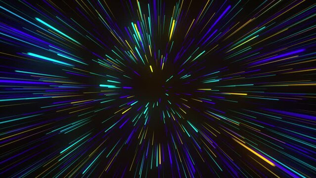 Abstract tunnel of a multicolor spectrum background. Bright rays of neon light and colorful glowing lines moving speed through the dark. 3d render in 4K.