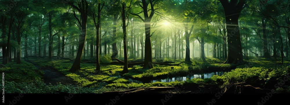 Poster green forest with many trees and sun beaming through it generative ai