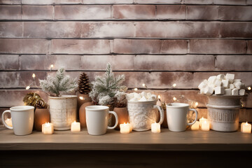 Several mugs of hot cocoa on old wood table with white painted brick wall behind, small touches of Christmas decor - Powered by Adobe