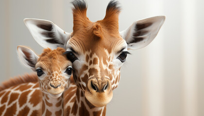 Fototapeta premium Cute giraffe looking at camera in African wildlife reserve generated by AI