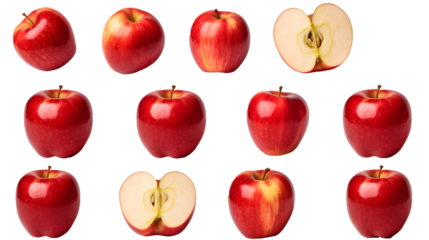 Red apple apples, many angles and view side top sliced halved cut isolated on transparent background cutout, PNG file