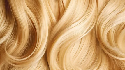 Fotobehang The image showcases a close-up of smooth, flowing strands of hair that appear to be of a light blonde or golden hue © Nate