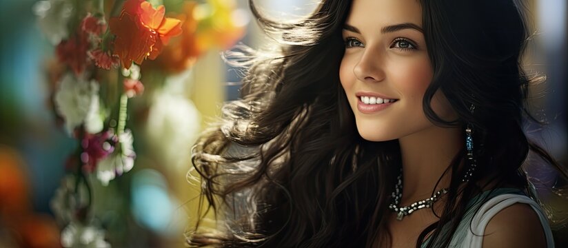 vibrant hues of summer and spring, a young woman with flowing black hair adorned in white jewelry captivates people with her radiant smile and the natural beauty that shines through her face, making