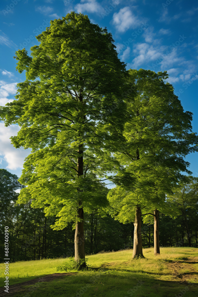 Wall mural Two of two trees have leaves, in the style of light green and green