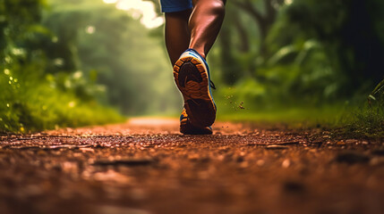 Two legs of an athlete in sneakers running along a forest path
