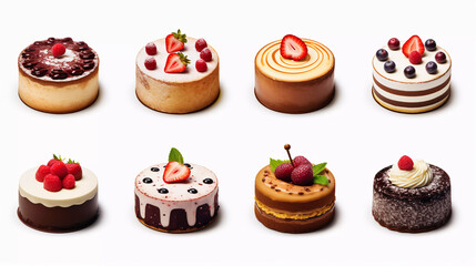 Ten different cakes on a white background