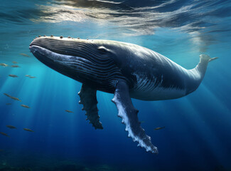 Humpback whale swimming in the ocean with a school of fish. - obrazy, fototapety, plakaty